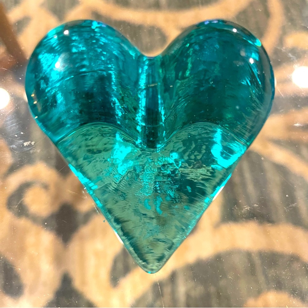 Vintage FIRE & LIGHT teal green / blue art glass heart signed & dated 2000 EUC